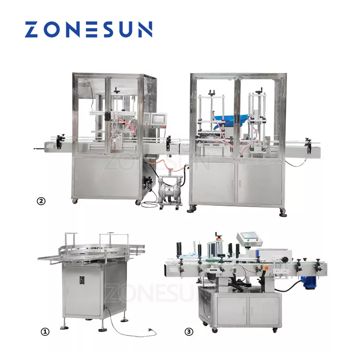 Macchina riempitrice, tappatrice ed etichettatrice verticale a 6 ugelli ZONESUN