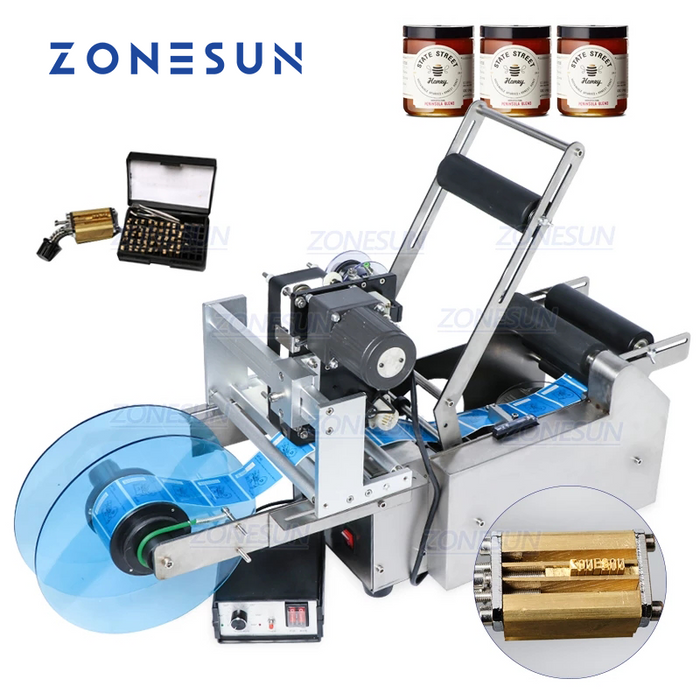 Etichettatrice semiautomatica per prodotti cilindrici ZONESUN ZS‑MT50D con marcatore a caldo per data