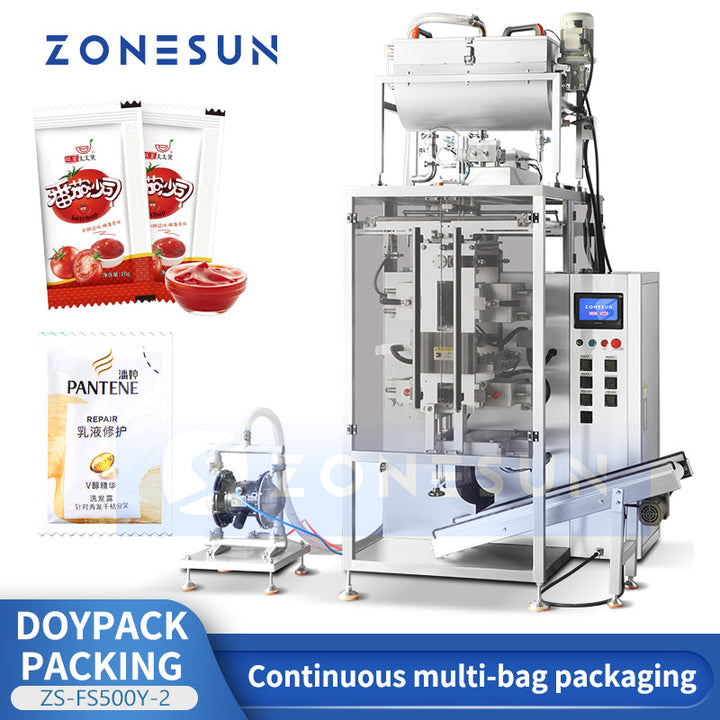 ZONESUN ZS-FS500Y-2 Automatische Zweibahn-Beutelverpackungsmaschine für Pasten (4-Seiten-Siegelung)