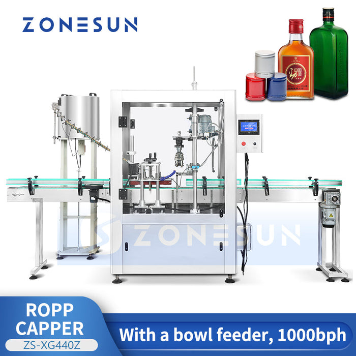 ZONESUN Automatic ROPP Cap Sealing Machine for Wine & Liquor Bottles, Professional Aluminum Cap Capper with Bowl Feeder