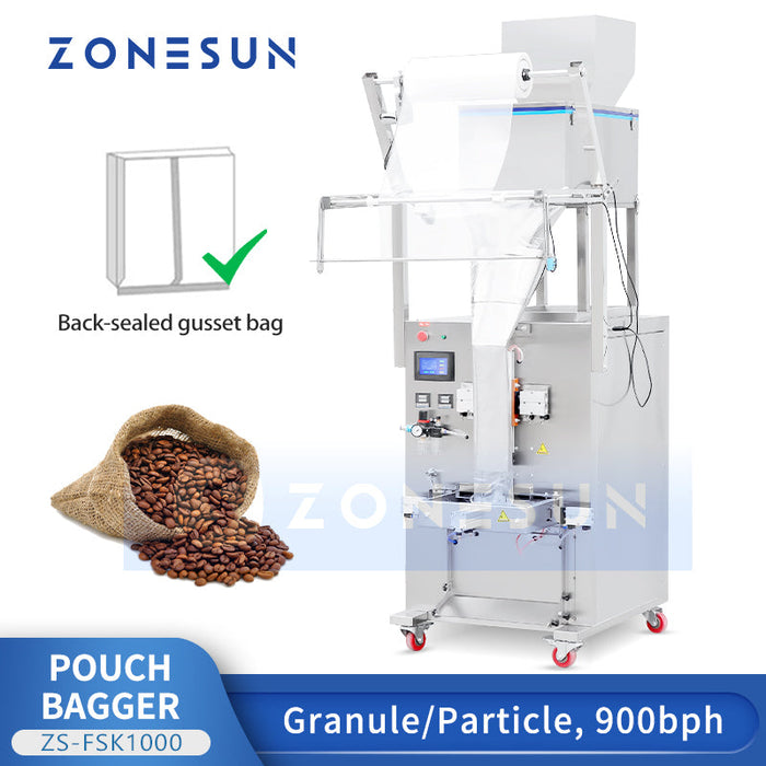 ZONESUN ZS-FSK1000 Automatische Granulat-Beutelverpackungsmaschine Rückseitige Siegeltasche mit Seitenfalte für Kaffeebohnen