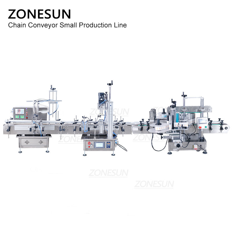 ZONESUN Piccola linea di produzione di tappatura di riempimento pneumatica automatica ed etichettatura piatta