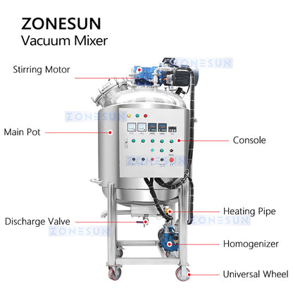 ZONESUN ZS-VM500 Vacuum Heating Mixing Tank for Food and Cosmetics
